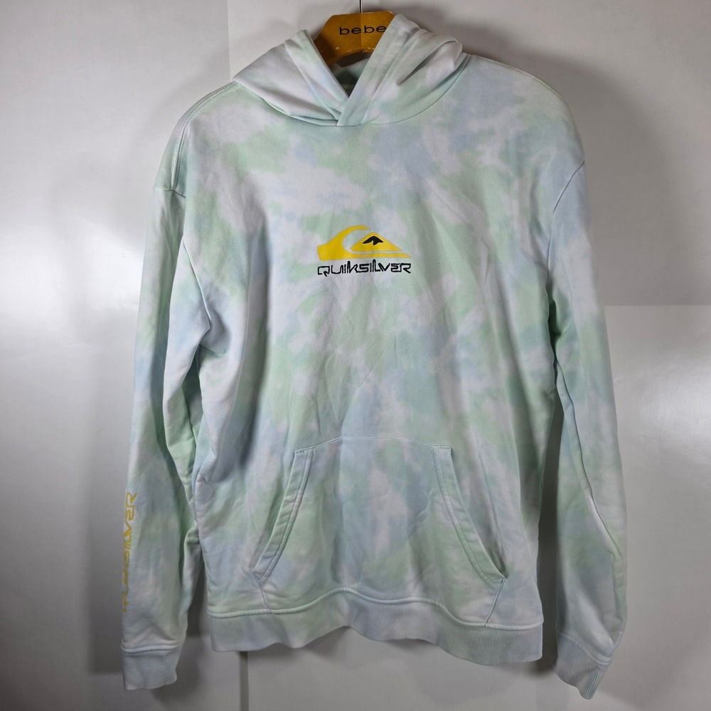 Quiksilver Mens XL Tie Dye Hoodie Blue Green Sun Logo‎ Pullover Sweatshirt